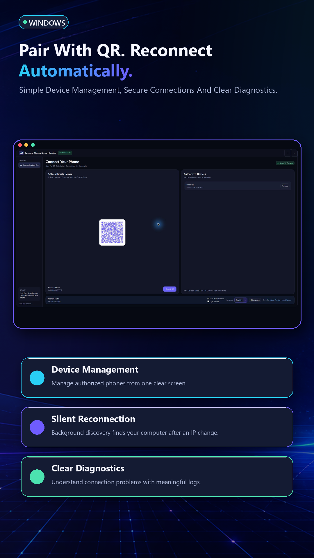 Windows companion with QR pairing