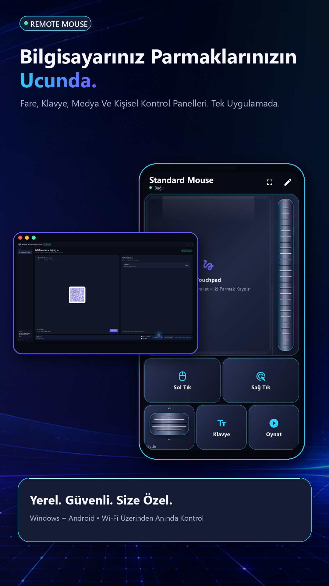 Remote Mouse mobil kontrol arayüzü ve Windows uygulaması